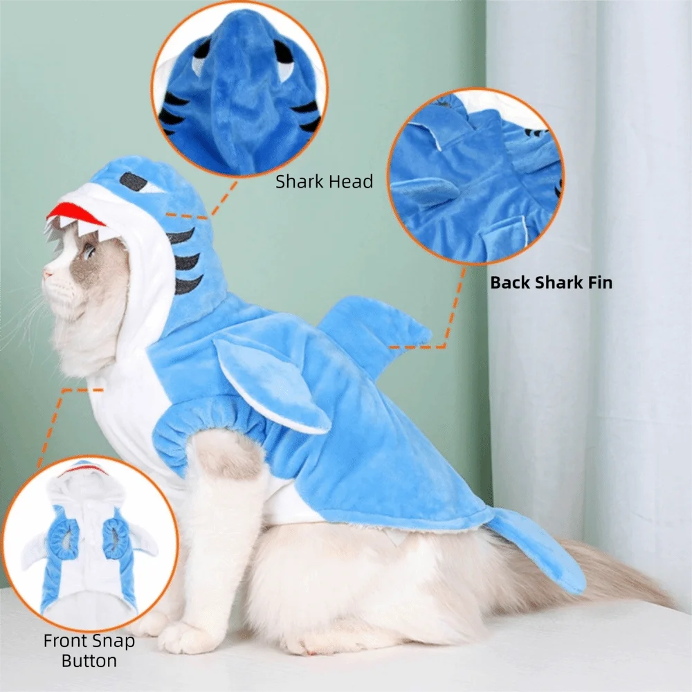 Fleece Pet Shark Cosplay Costume Warm Cute Style Animal Dress Up Outfits Comfortable Thicken Dog Cosplay Apparel Cat Party