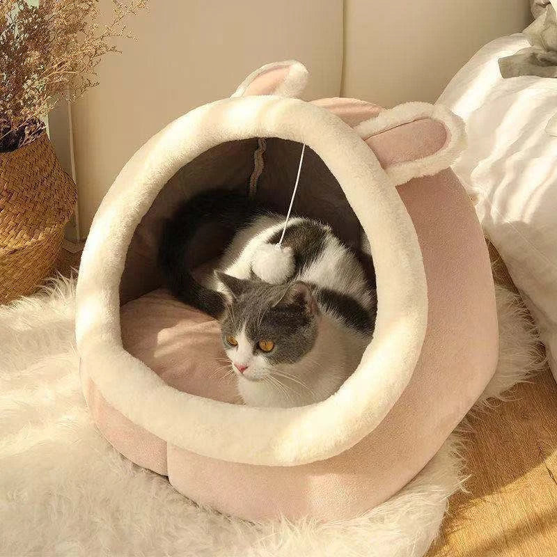 Cute Cat Bed Cave House Warm Pet House Comfortable Pet Sleeping Bed Foldable Removable Washable Comfort Furniture
