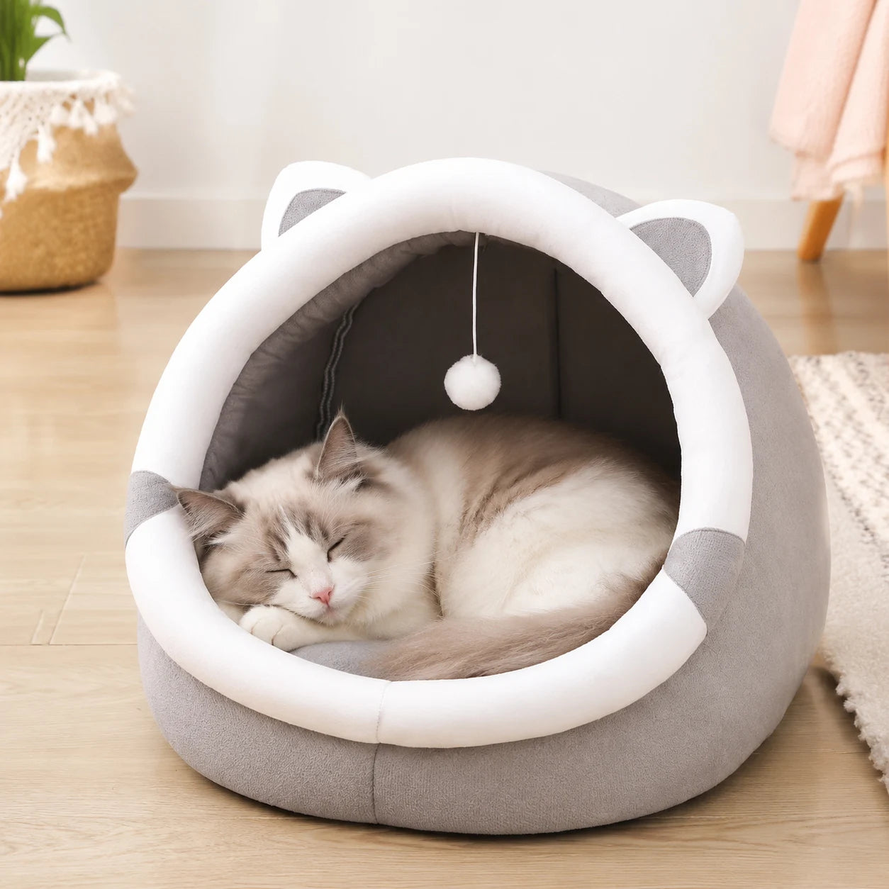 Cute Cat Bed Cave House Warm Pet House Comfortable Pet Sleeping Bed Foldable Removable Washable Comfort Furniture