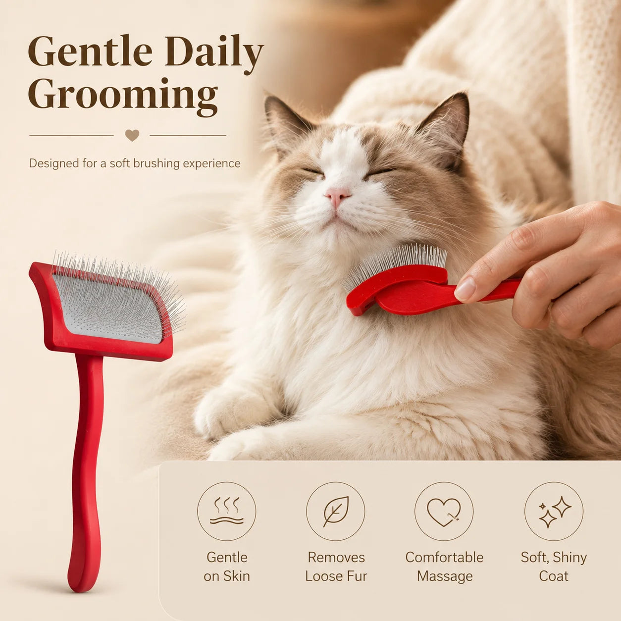 Professional Pet Grooming Hair Remover Brush Long Red Crank Handle with Stainless Steel Pin for Dog Soft Massage