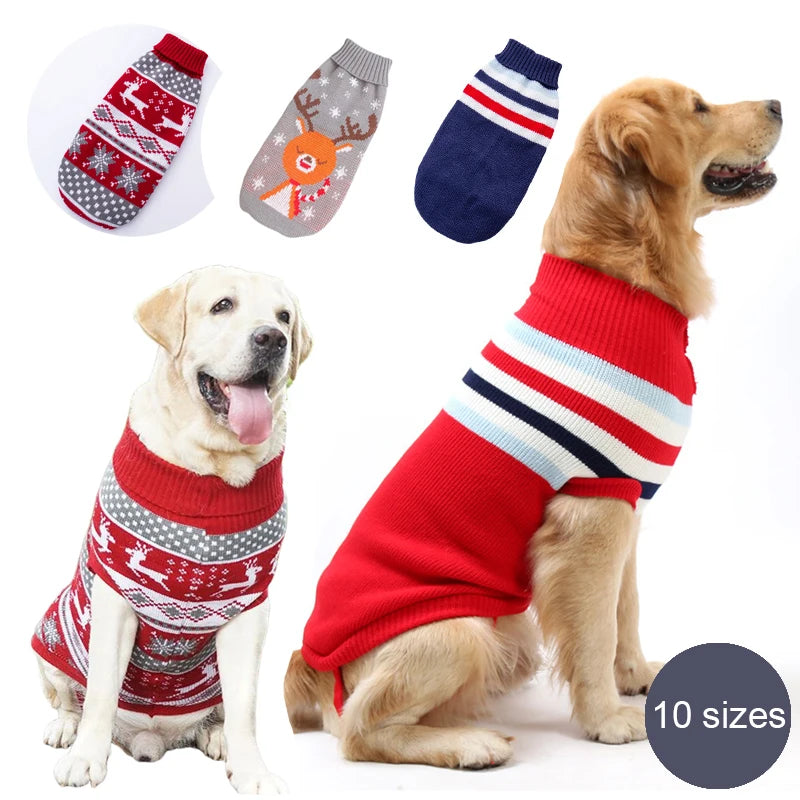 Striped Knit Dog Sweater — Christmas Elk Design for Large Dogs Horizon