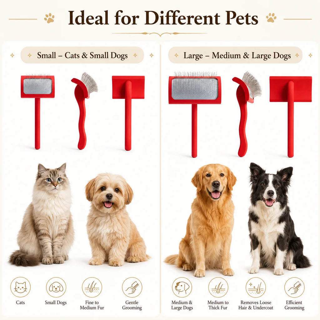 Professional Pet Grooming Hair Remover Brush Long Red Crank Handle with Stainless Steel Pin for Dog Soft Massage