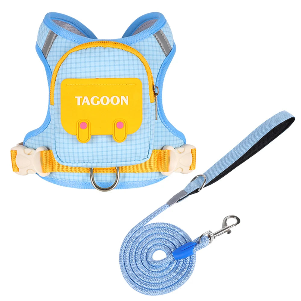 Cute Backpack Dog Harness with Leash, Reflective Soft Pet Vest for Small Medium Dogs Cats, Adjustable Walking Harness Set