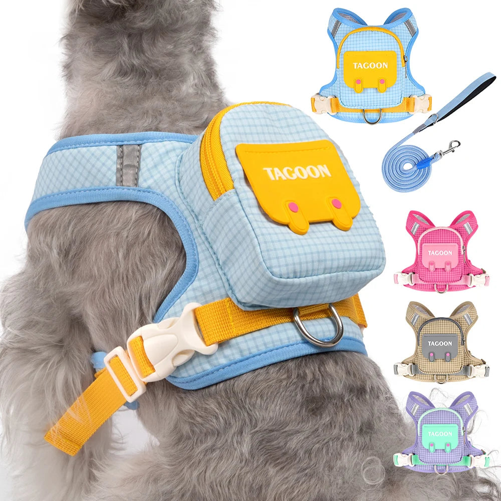 Cute Backpack Dog Harness with Leash, Reflective Soft Pet Vest for Small Medium Dogs Cats, Adjustable Walking Harness Set