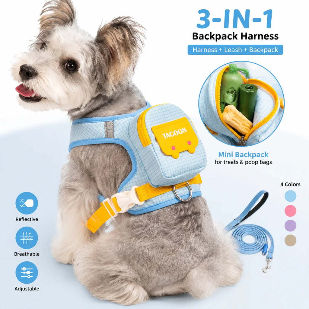 Cute Backpack Dog Harness with Leash, Reflective Soft Pet Vest for Small Medium Dogs Cats, Adjustable Walking Harness Set