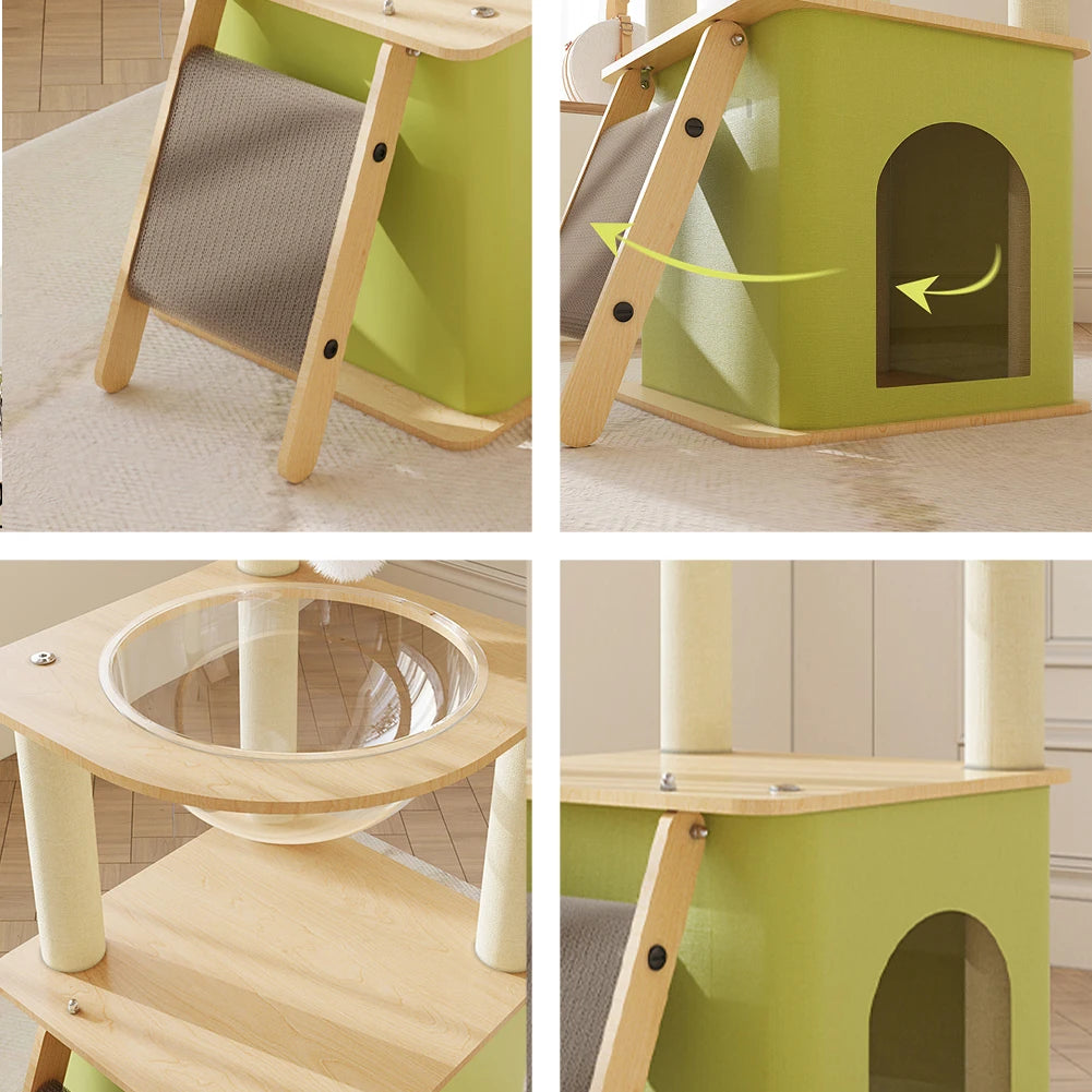 Green Cat Tree with Cat Condos Cat Scratchers Space Capsule Cat Climbing Frame Cat Tree Tower Cat Scratching Posts Pet Products
