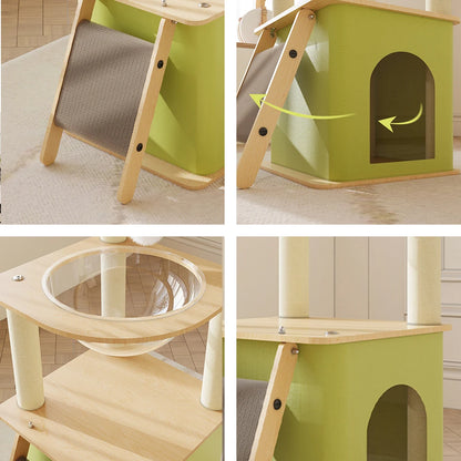 green cat tree with condos and scratchers