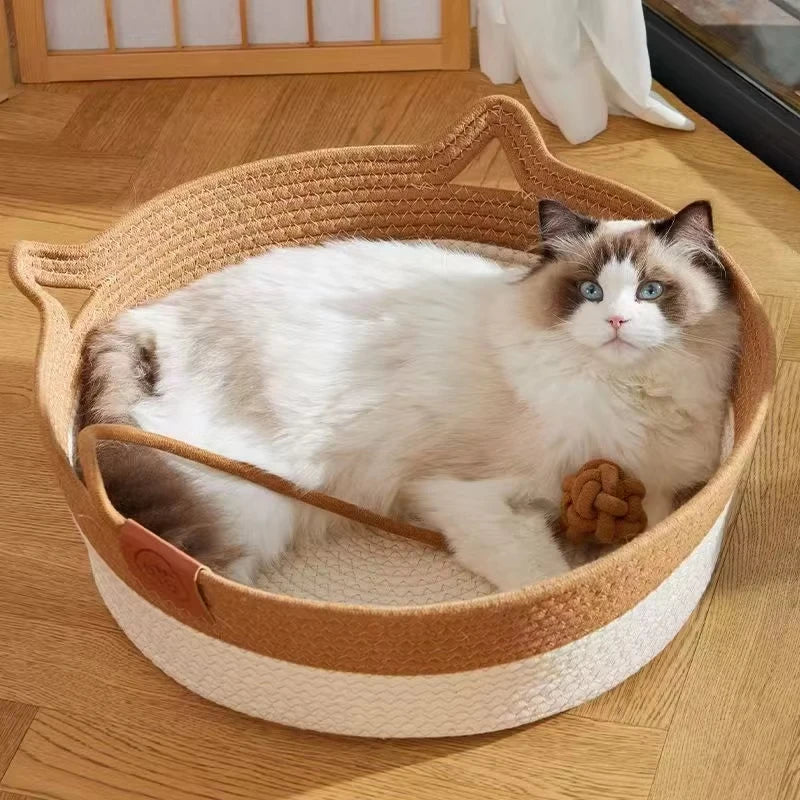 Pet Cat Bed Round Hand Woven Rattan Wear-resistant Cat Bed Summer Cooling Pet Bed Indoor Sleeping House Pet Products Accessories