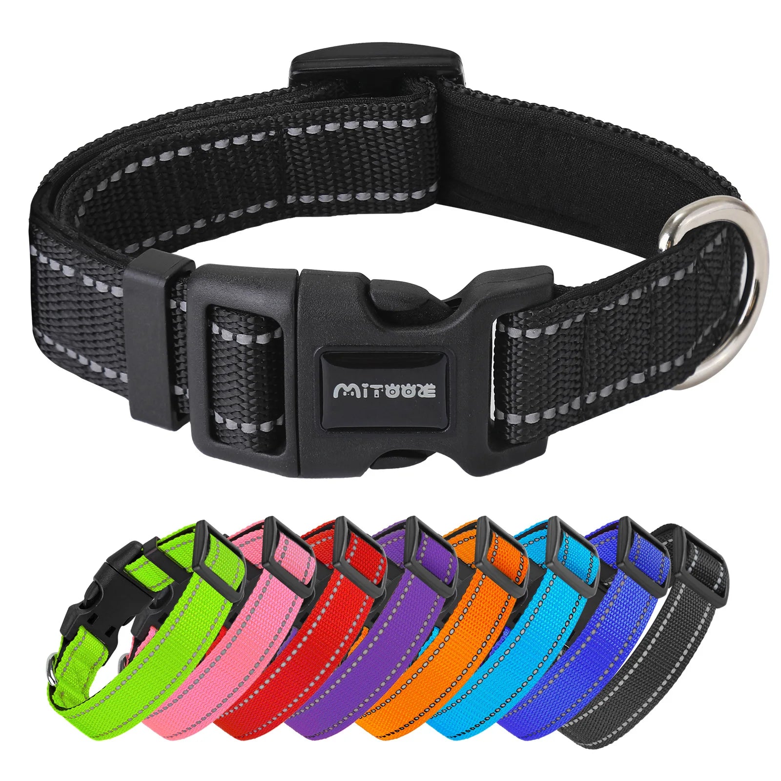 Reflective Adjustable Padded Dog Collar Soft Breathable Pet Neck Strap for Medium Large Dogs Durable Safety Collar for Night
