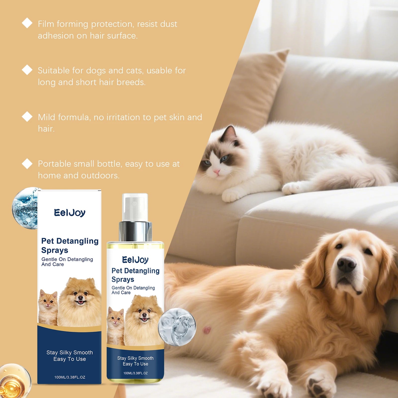 Pet Hair Detangling Spray Dogs Cats Conditioner Anti-Static Tangle Free Knot Remove Frizzy Smoothing Shiny Pet Fur Gentle Spray