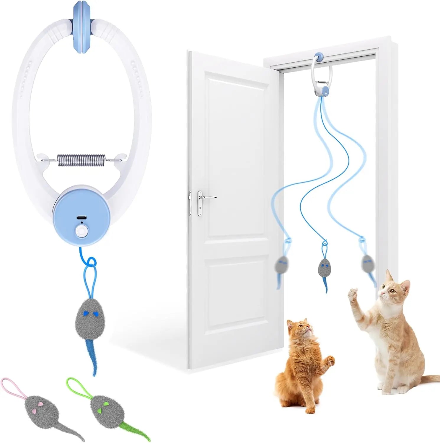 Interactive Cat Toys for Indoor Cats, Smart USB Rechargeable Door Hanging Retractable Cat Toy, with 3 Catnip Mice, for Bored Cat