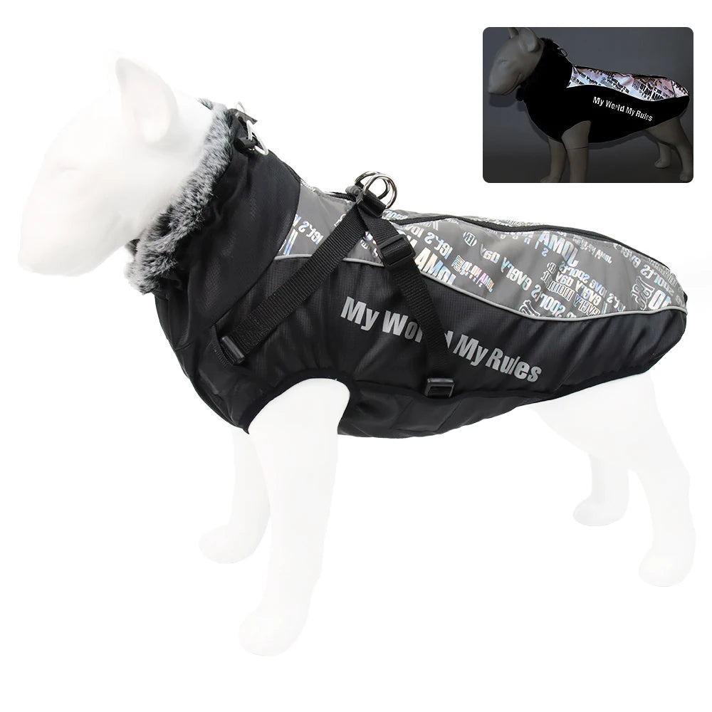Waterproof Large Dog Clothes Winter Dog Coat With Harness Furry Collar Warm Pet Clothing Big Dog Jacket Labrador Bulldog Costume
