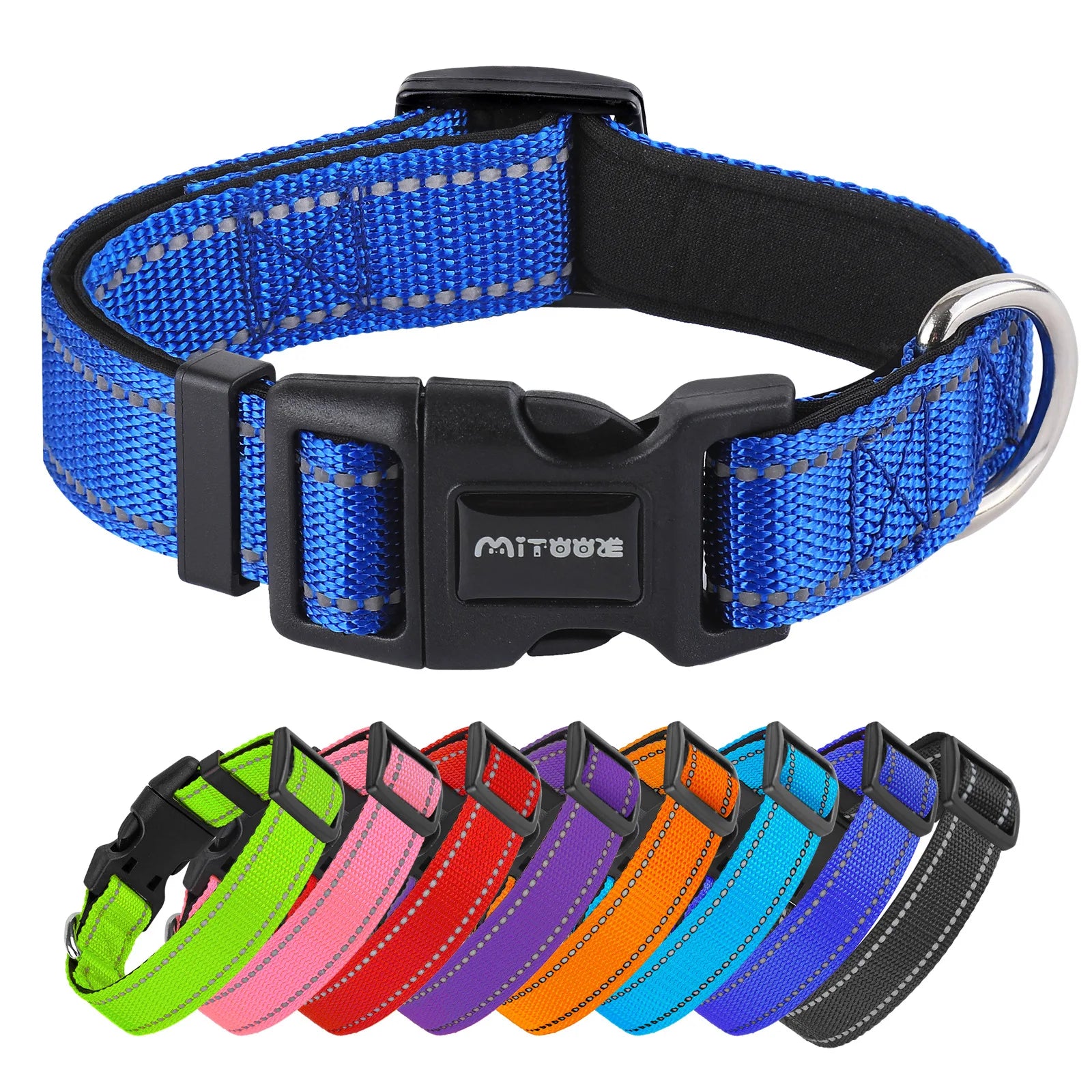 Reflective Adjustable Padded Dog Collar Soft Breathable Pet Neck Strap for Medium Large Dogs Durable Safety Collar for Night