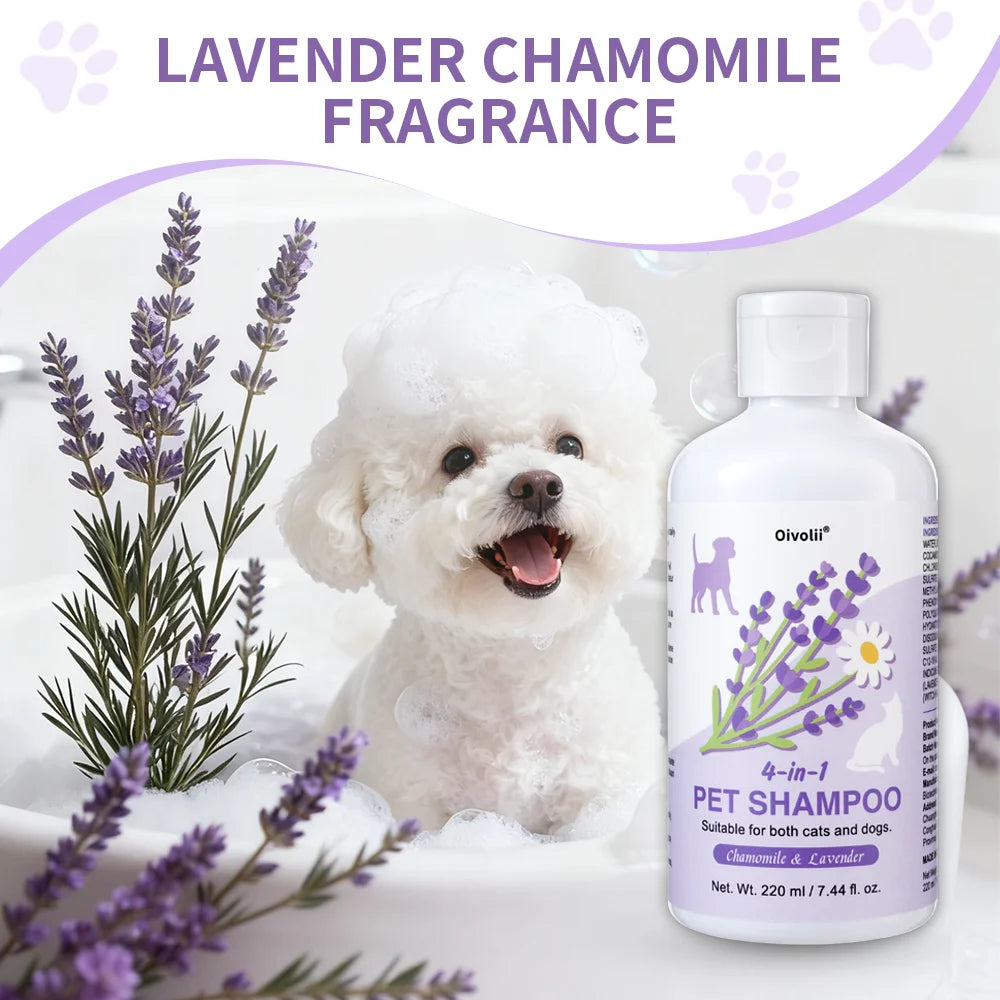 4-in-1 Dog Shampoo and Conditioner 220ml Wash Chamomile Lavender Gentle Formula Soothing Skin Deodorizes Cleanses Dirt Softens