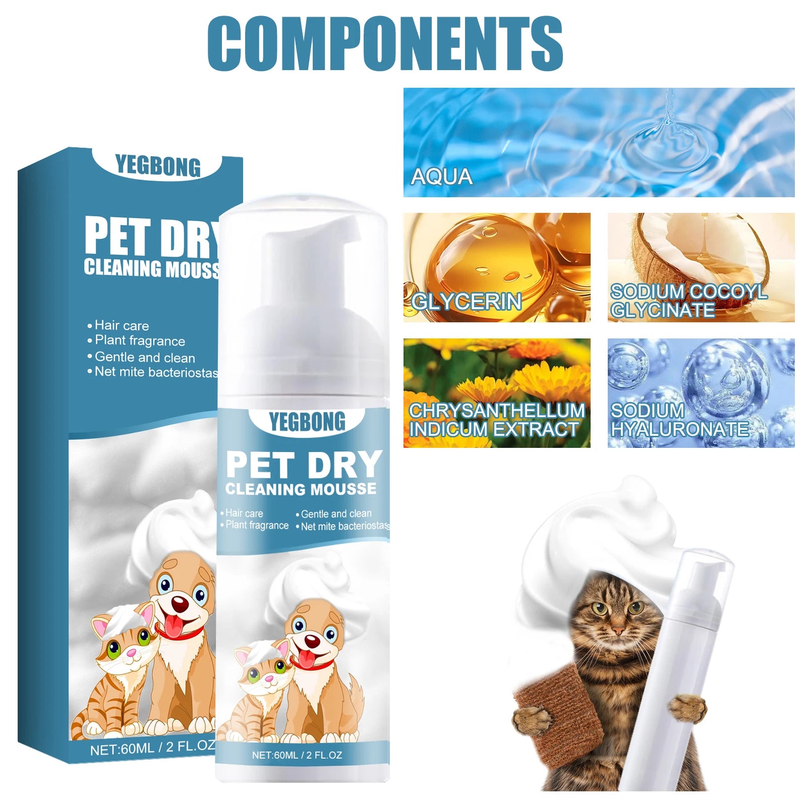 Pet Dry Shampoo Mousse Body Wash - No-Rinse for Kittens and Puppies, Removes Odor and Softens Fur