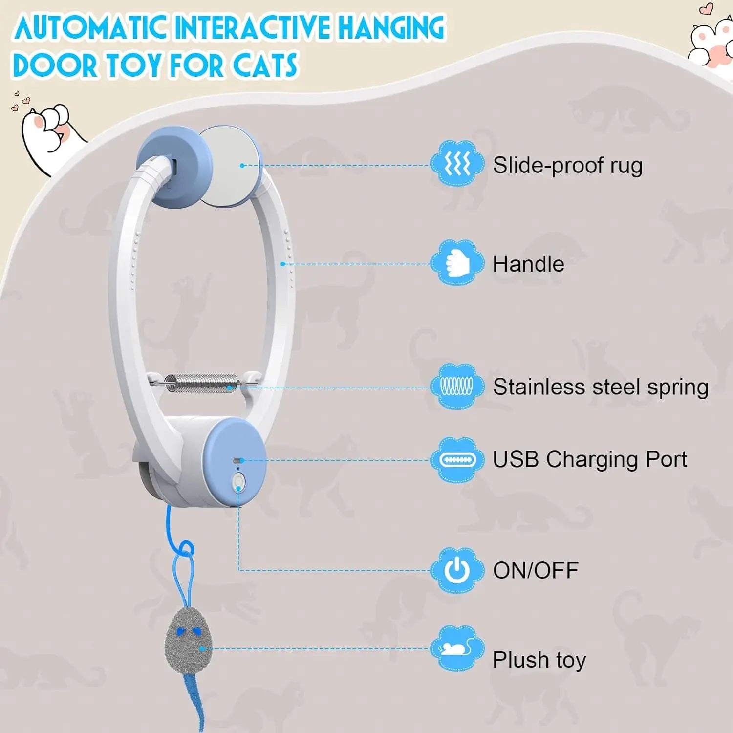 Interactive Cat Toys for Indoor Cats, Smart USB Rechargeable Door Hanging Retractable Cat Toy, with 3 Catnip Mice, for Bored Cat