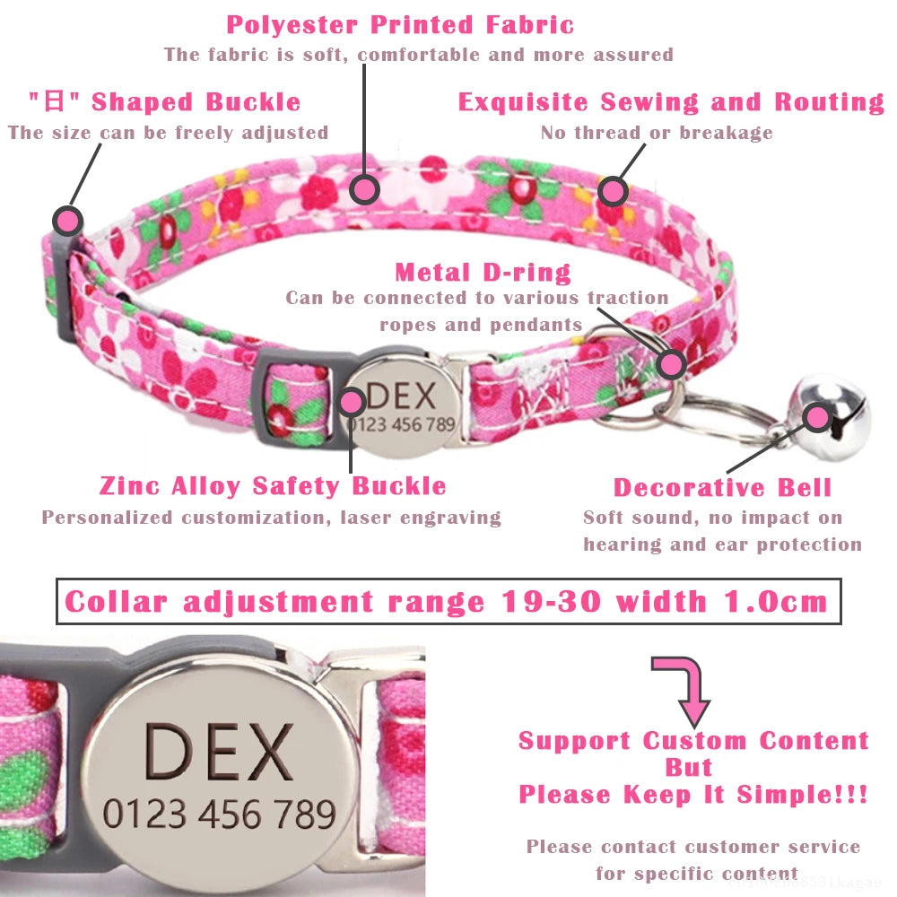 Personalized Cat collar with Bell Safety Buckle Customized Nametag Puppy Kitten Necklace Free Engraving Name ID Tag Nameplate
