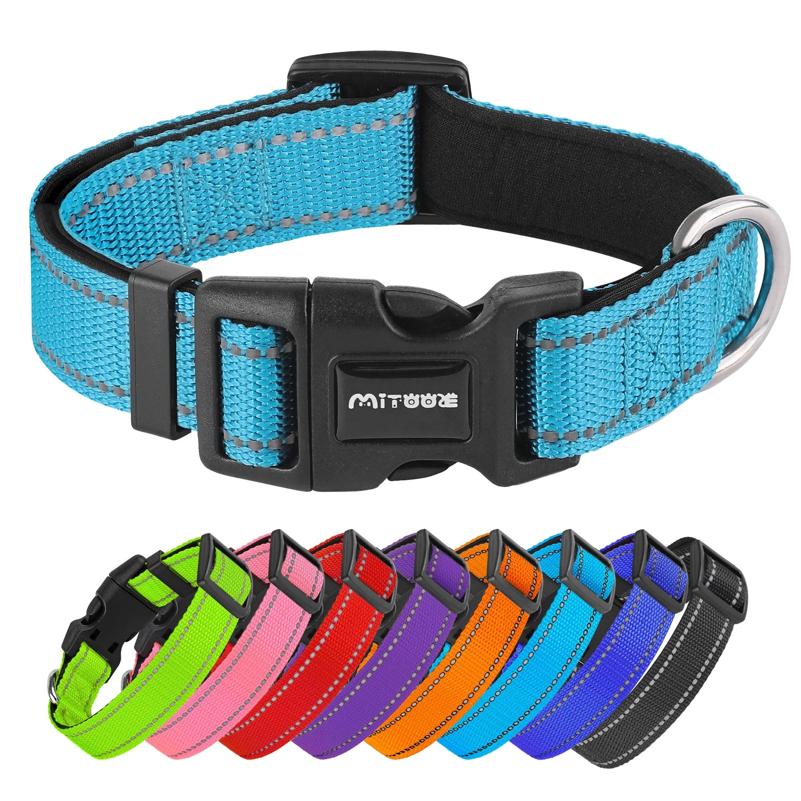 Reflective Adjustable Padded Dog Collar Soft Breathable Pet Neck Strap for Medium Large Dogs Durable Safety Collar for Night