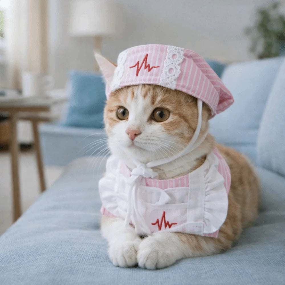 Creative Funny Cat Nurse Outfit Adjustable Breathable Cat Transformation Dress Nurse Hat Pet Pink Uniform Pet Transformation