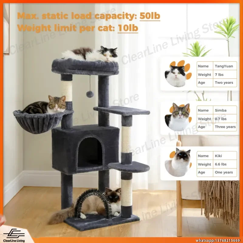 Cat Tree Tower for Indoor Cats with Toys Plush Perch Hammock Sisal Scratching Posts Cat Condo House Pet Furniture Play Center