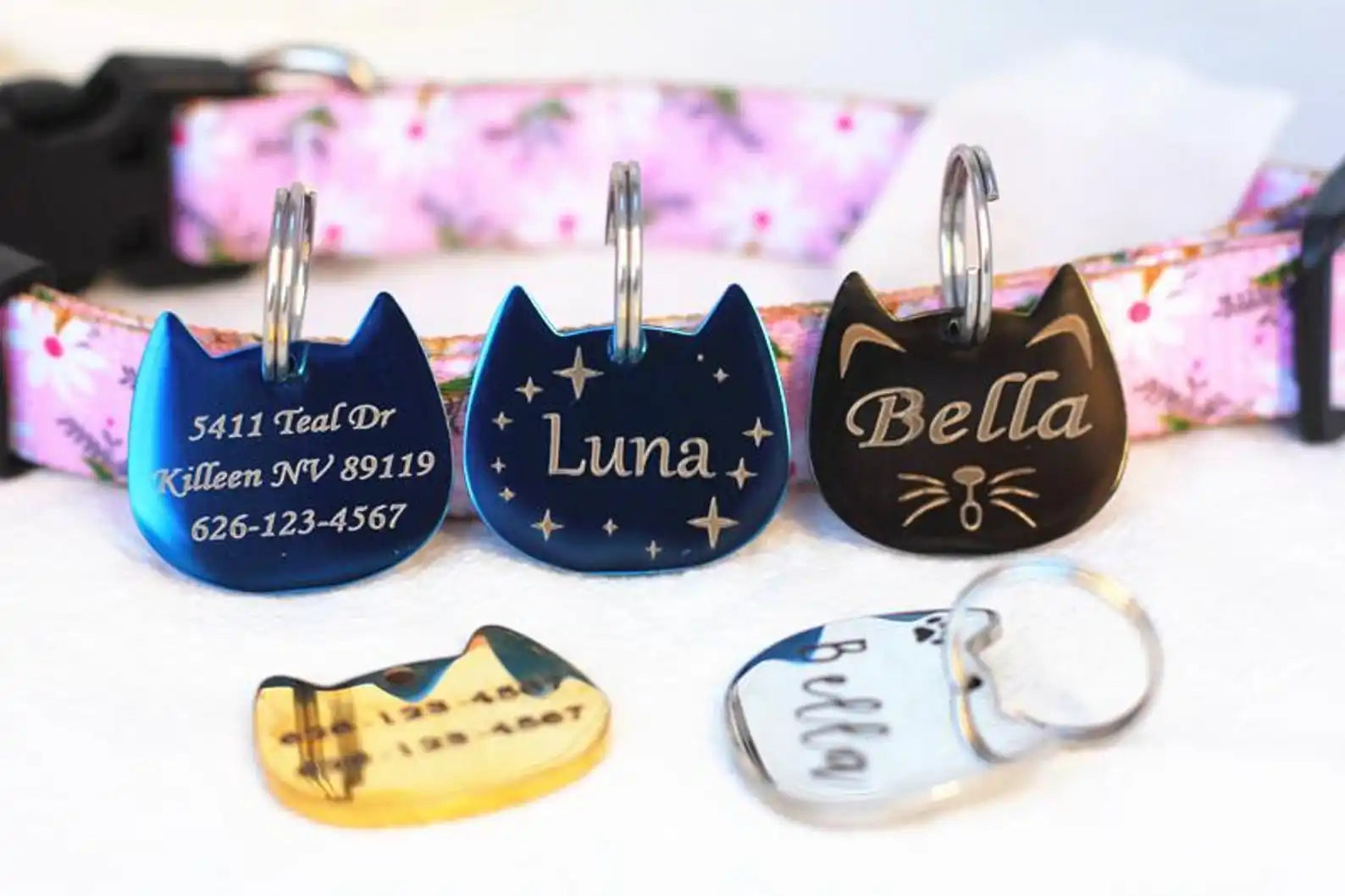 Personalized Small Cat Collar ID Tag - Engravable Pet Name Tag for Cats, Durable Stainless Steel Cat Head & Collar Accessories,