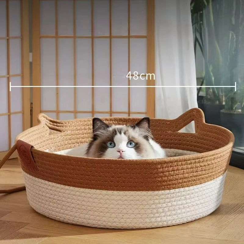 Pet Cat Bed Round Hand Woven Rattan Wear-resistant Cat Bed Summer Cooling Pet Bed Indoor Sleeping House Pet Products Accessories