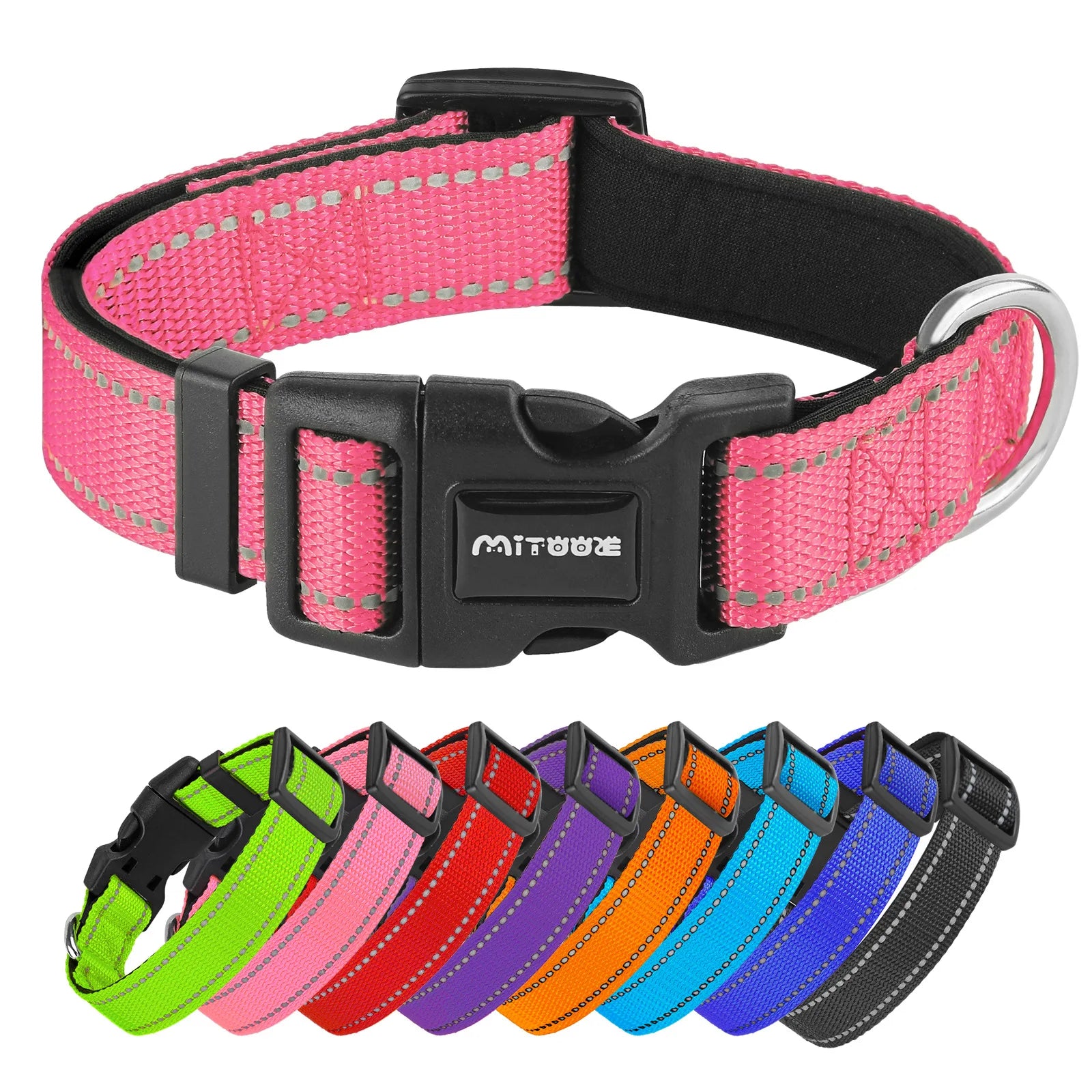 Reflective Adjustable Padded Dog Collar Soft Breathable Pet Neck Strap for Medium Large Dogs Durable Safety Collar for Night
