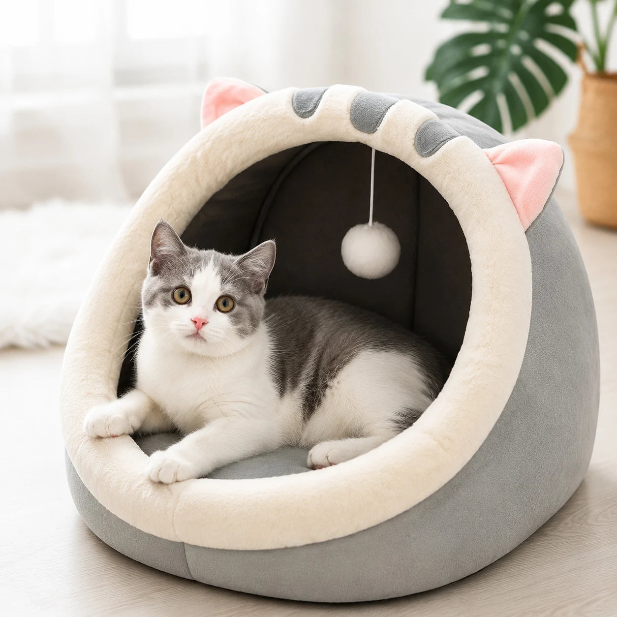 Cute Cat Bed Cave House Warm Pet House Comfortable Pet Sleeping Bed Foldable Removable Washable Comfort Furniture