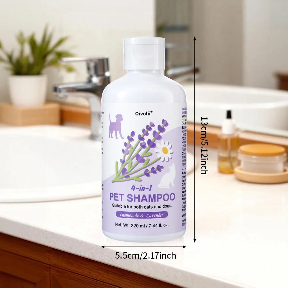 4-in-1 Dog Shampoo and Conditioner 220ml Wash Chamomile Lavender Gentle Formula Soothing Skin Deodorizes Cleanses Dirt Softens