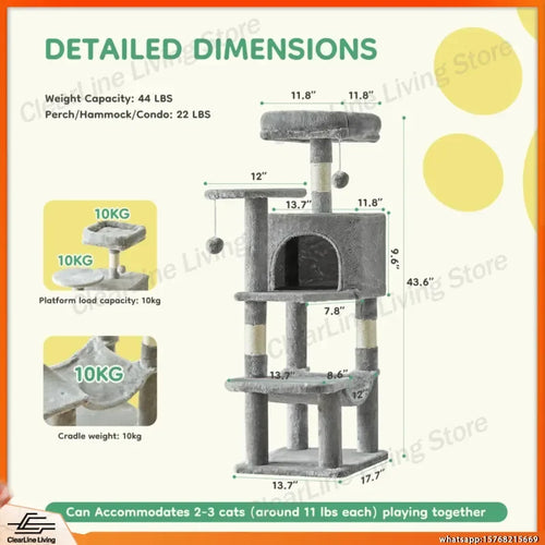 44 Inch Tall Cat Tree Tower for Multiple Cats with Sisal Scratching Posts Condo Perch Platform Indoor Cat Furniture Pet