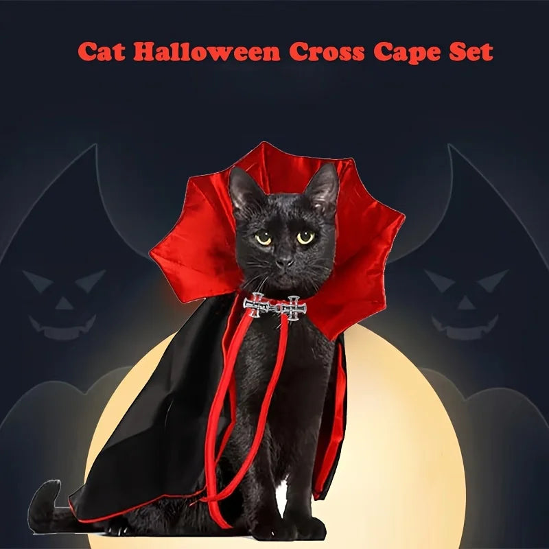 New Spooky Halloween Vampire Couture for Cats Perfect Parties and Festival Halloween Cloak Hat Festival Set Dress up pet clothes