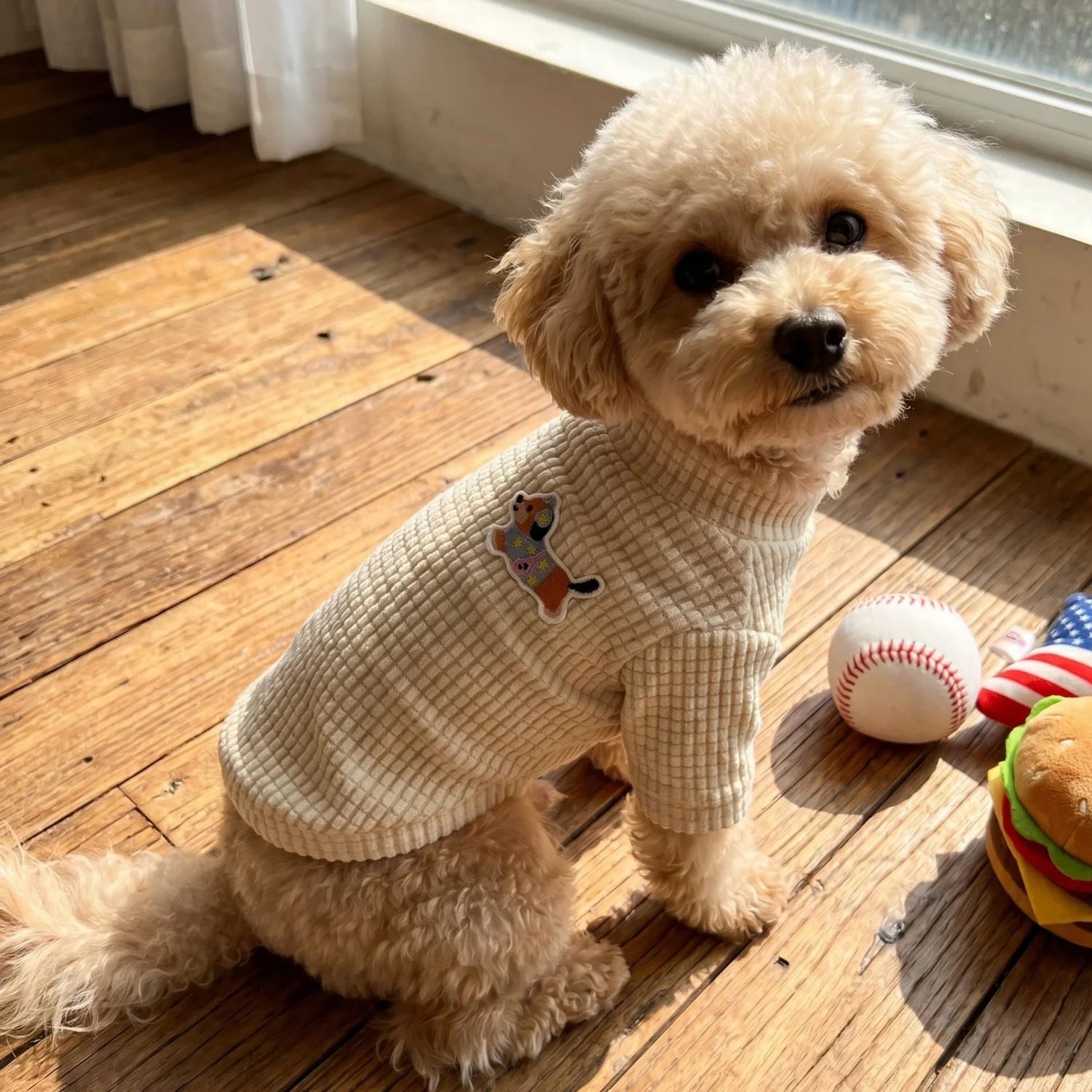 1PC Waffle Knit Dog Sweater With Cartoon Dachshund Patch Pet Clothes For Small Medium Dogs Chihuahua Bichon
