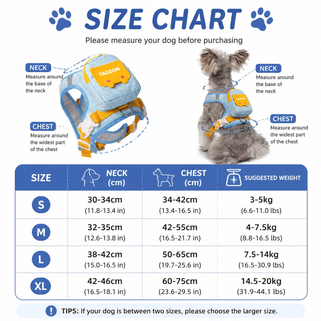 Cute Backpack Dog Harness with Leash, Reflective Soft Pet Vest for Small Medium Dogs Cats, Adjustable Walking Harness Set