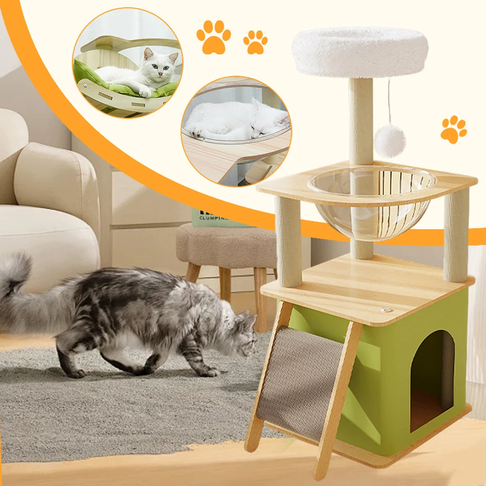 Green Cat Tree with Cat Condos Cat Scratchers Space Capsule Cat Climbing Frame Cat Tree Tower Cat Scratching Posts Pet Products