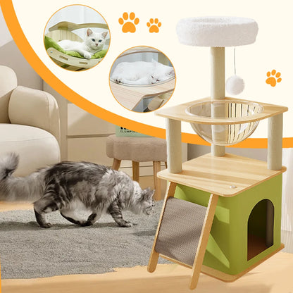 green cat tree with condos and scratchers