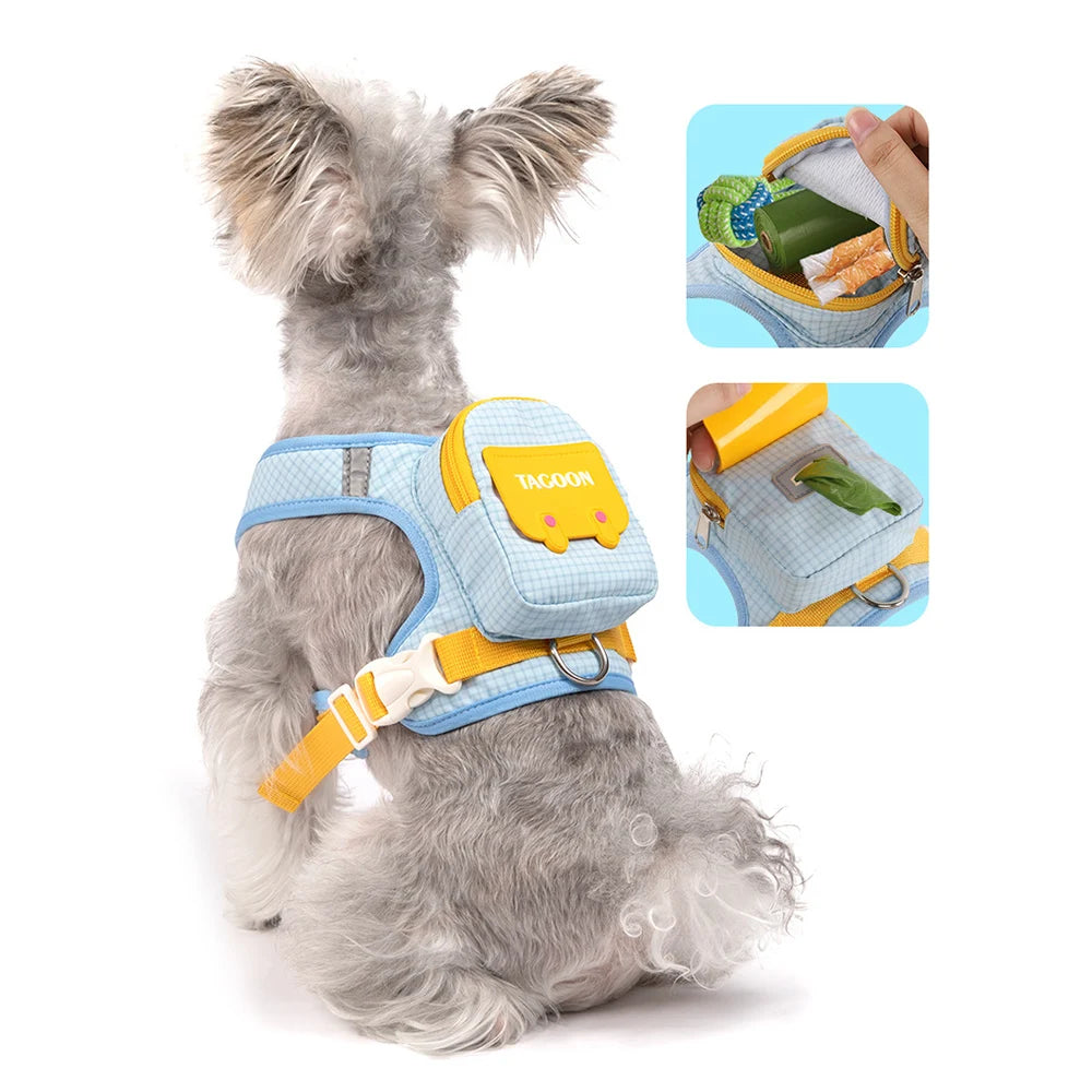 Cute Backpack Dog Harness with Leash, Reflective Soft Pet Vest for Small Medium Dogs Cats, Adjustable Walking Harness Set