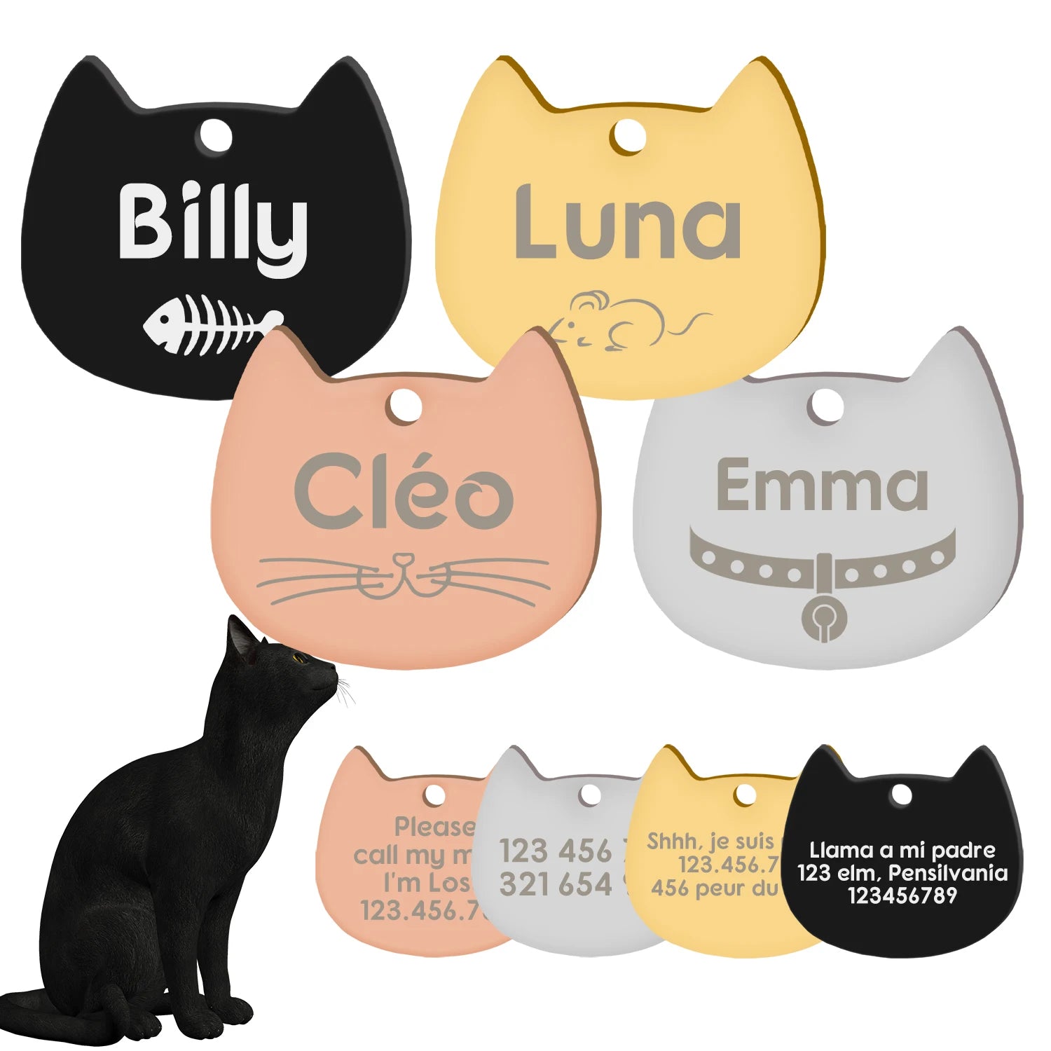 Custom Cat Face Id Dog Tags Name Tags Stainless Steel Plate Decoration Personalized Engraving Animal Chain Charm with number