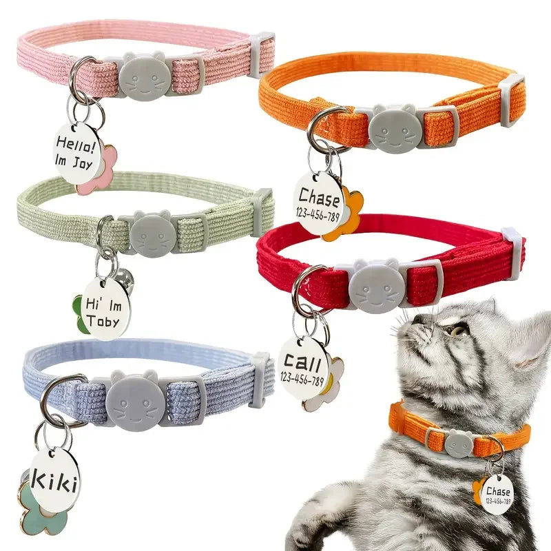 Customized Pet Nameplate Adjustable Corduroy Flower Charm Cat ID Tag Collar Breakaway Neck Collar for Small Dogs Puppy Kitten