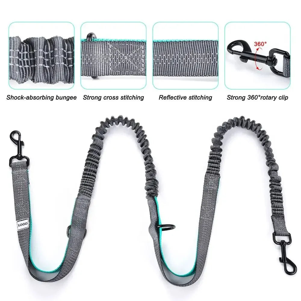 Hand Hands Free Dog Leash with Zipper Pouch Waist Belt with Multi Pockets Bag Reflective Stitching Bungee with Running Jogging