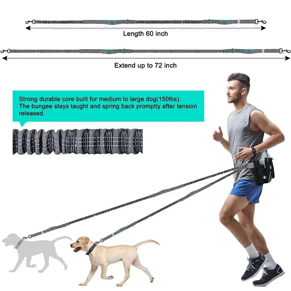 Hand Hands Free Dog Leash with Zipper Pouch Waist Belt with Multi Pockets Bag Reflective Stitching Bungee with Running Jogging