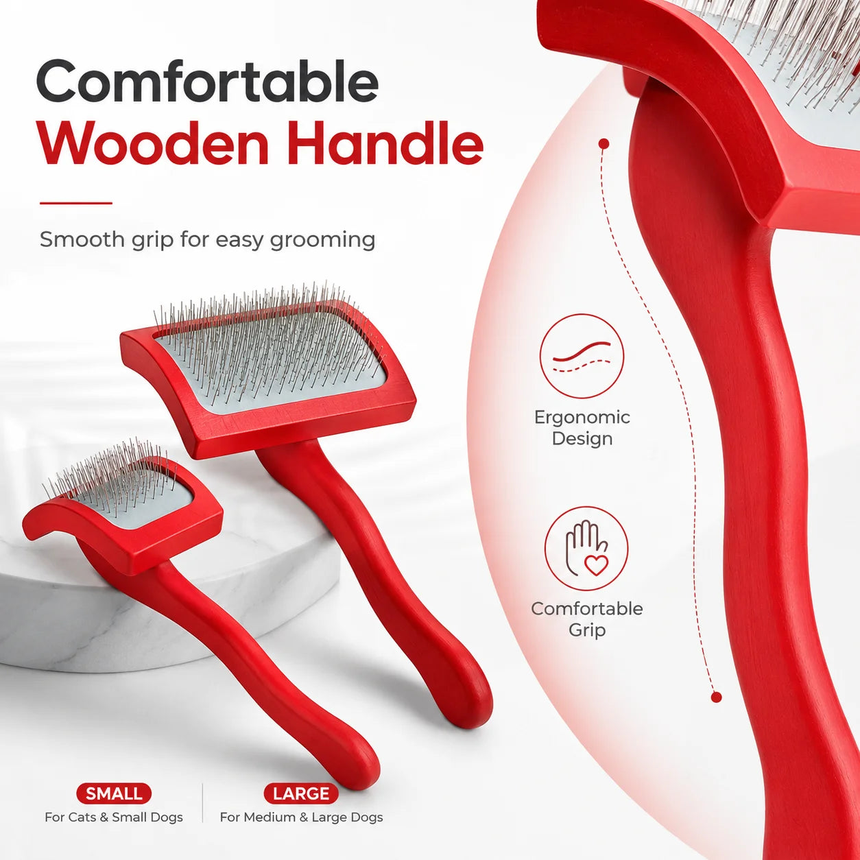 Professional Pet Grooming Hair Remover Brush Long Red Crank Handle with Stainless Steel Pin for Dog Soft Massage