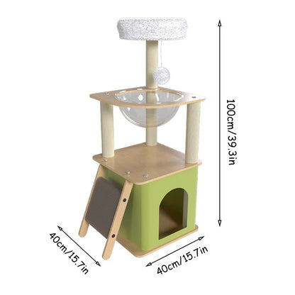 green cat tree with condos and scratchers