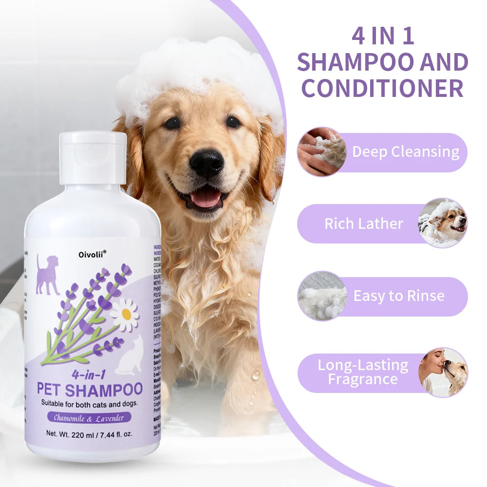 4-in-1 Dog Shampoo and Conditioner 220ml Wash Chamomile Lavender Gentle Formula Soothing Skin Deodorizes Cleanses Dirt Softens