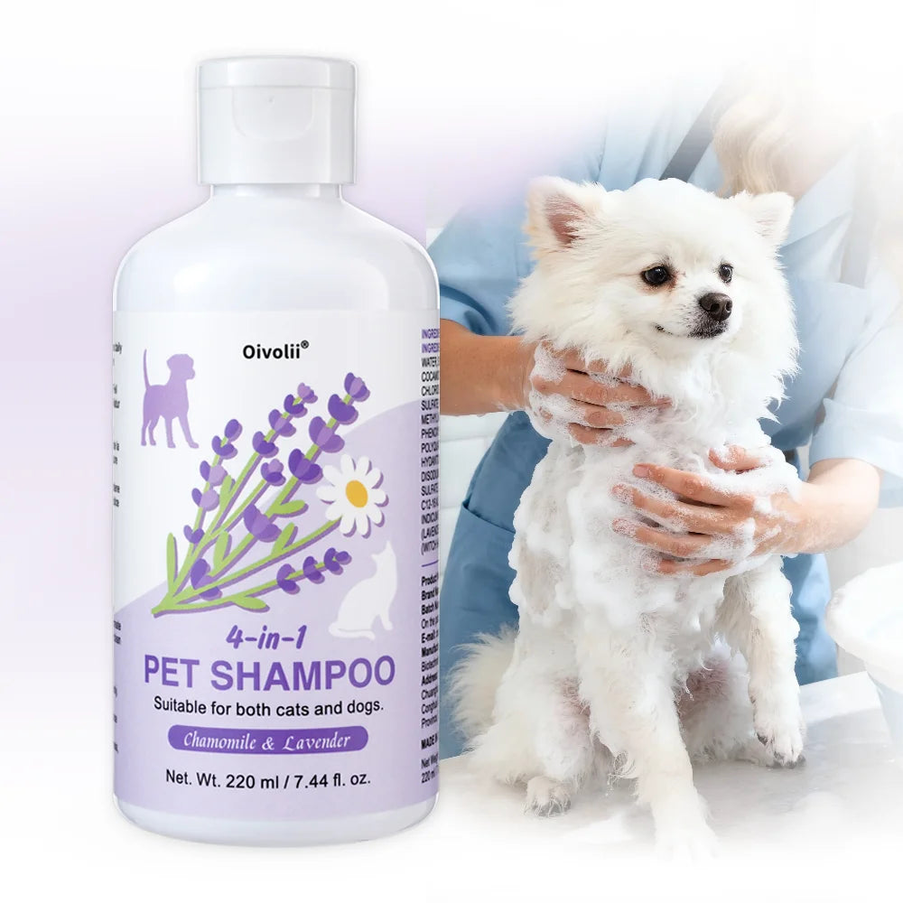 4-in-1 Dog Shampoo and Conditioner 220ml Wash Chamomile Lavender Gentle Formula Soothing Skin Deodorizes Cleanses Dirt Softens