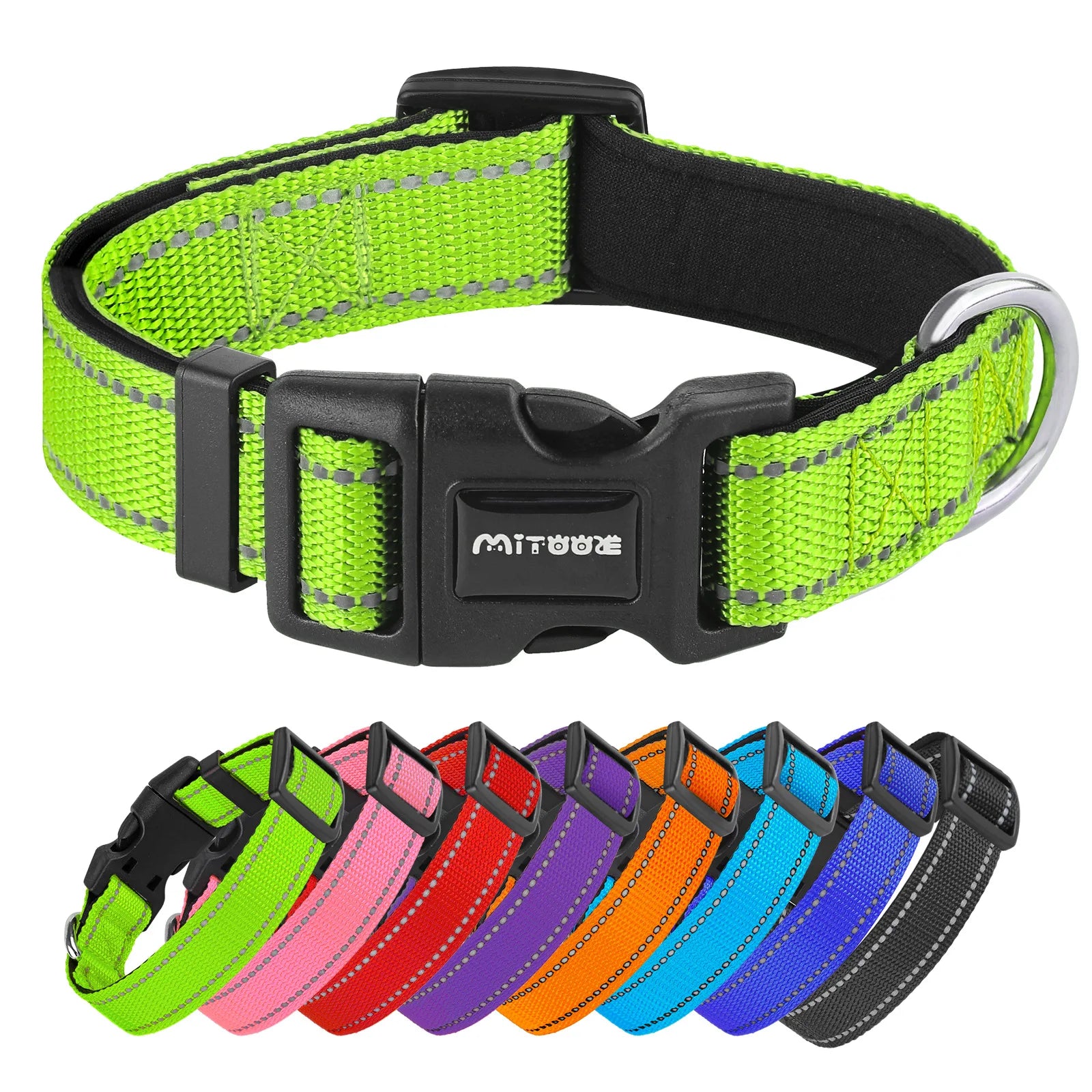 Reflective Adjustable Padded Dog Collar Soft Breathable Pet Neck Strap for Medium Large Dogs Durable Safety Collar for Night