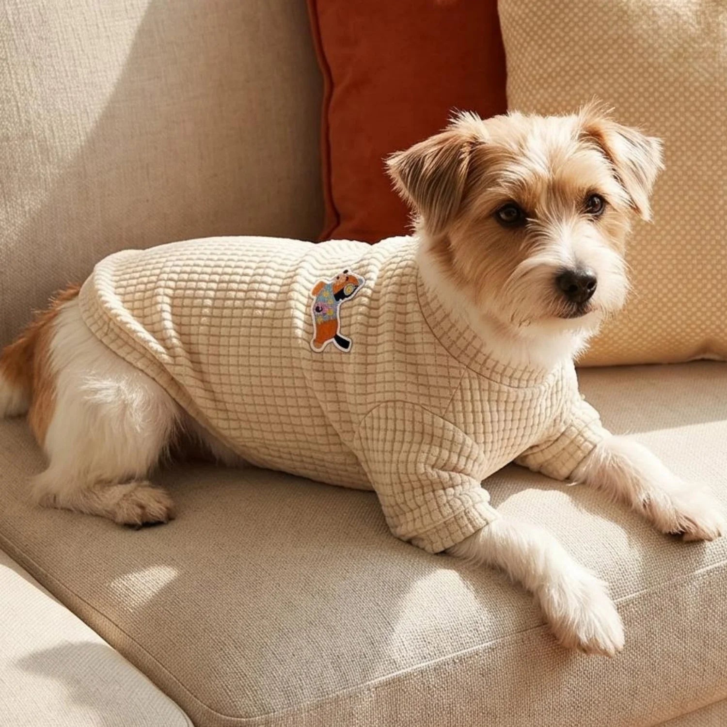 1PC Waffle Knit Dog Sweater With Cartoon Dachshund Patch Pet Clothes For Small Medium Dogs Chihuahua Bichon