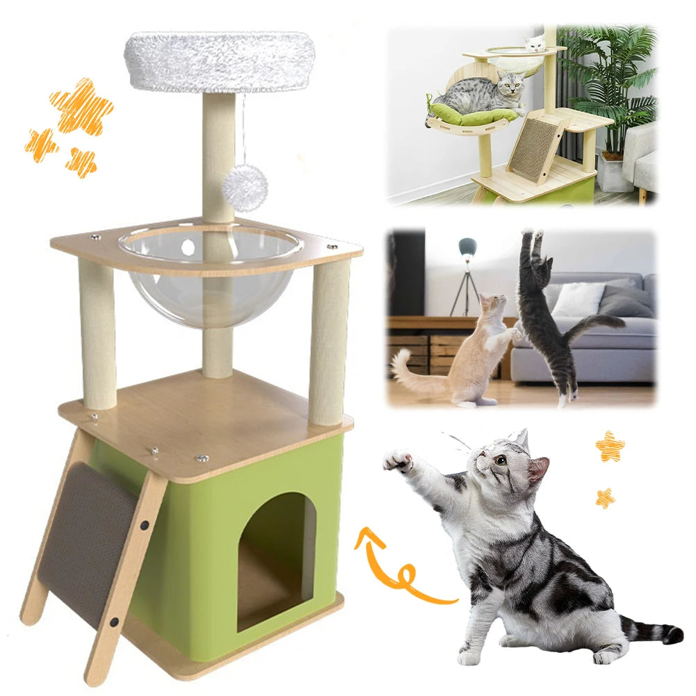 Green Cat Tree with Cat Condos Cat Scratchers Space Capsule Cat Climbing Frame Cat Tree Tower Cat Scratching Posts Pet Products