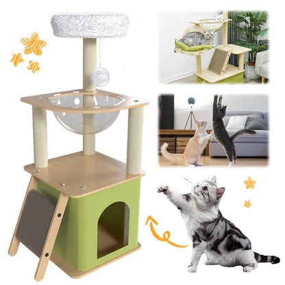 green cat tree with condos and scratchers