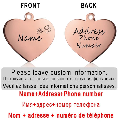 Dog ID Heart Tag Custom Personalized Cat Collar Pendant Engraved Pet Necklace Chain Charm Supplies For Name Products