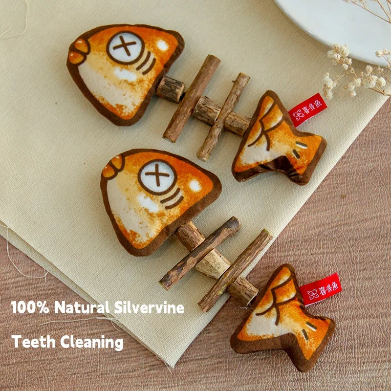 Natural Matatabi Silvervine Cat Chew Toy, Cute Grilled Fish Molar Stick for Kitten Teething, Self Play Dental Toy